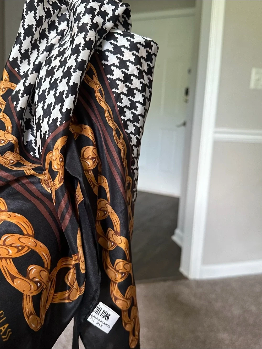 Vintage bill blass Black & Gold Chain Print Silk Scarf with Houndstooth Accent